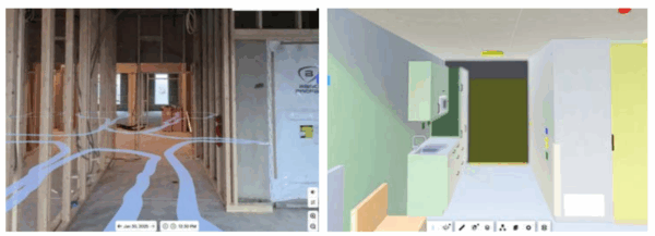 Bilde av helsehuset under bygging ,og 3D-tegning av ferdig resultat